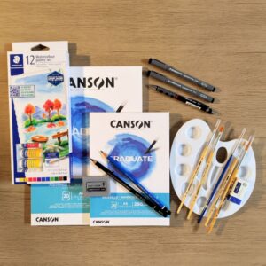 Kit de acuarela e ilustracion profesional con blocks Canson Graduate, pinturas Staedtler, portaminas Rotring y pinceles KUM